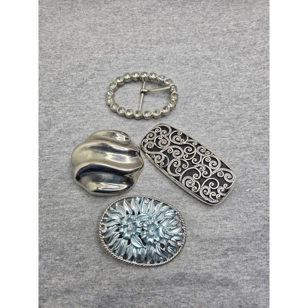 Lot of 4 Vintage Boutique Floral Leather Rhinestone Womens Belt Buckles Boho